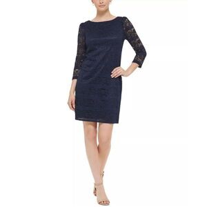 Jessica Howard Lace Overlay 3/4 Sleeve Elegant Navy Lace Sheath Dress Size 8